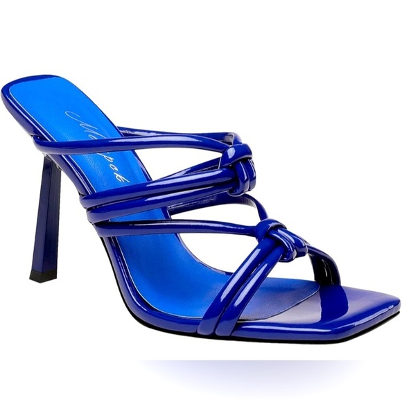 1S: Navy Blue Hi Heel Sandal Mules & Crisscross Detailing, Faux Leather, NWOT - Picture 1 of 6